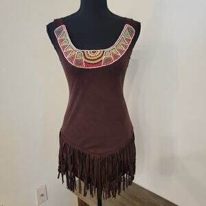 Dream Girl Faux Suede Brown Beaded Top Western Boho Southwestern Cowboy Small‎